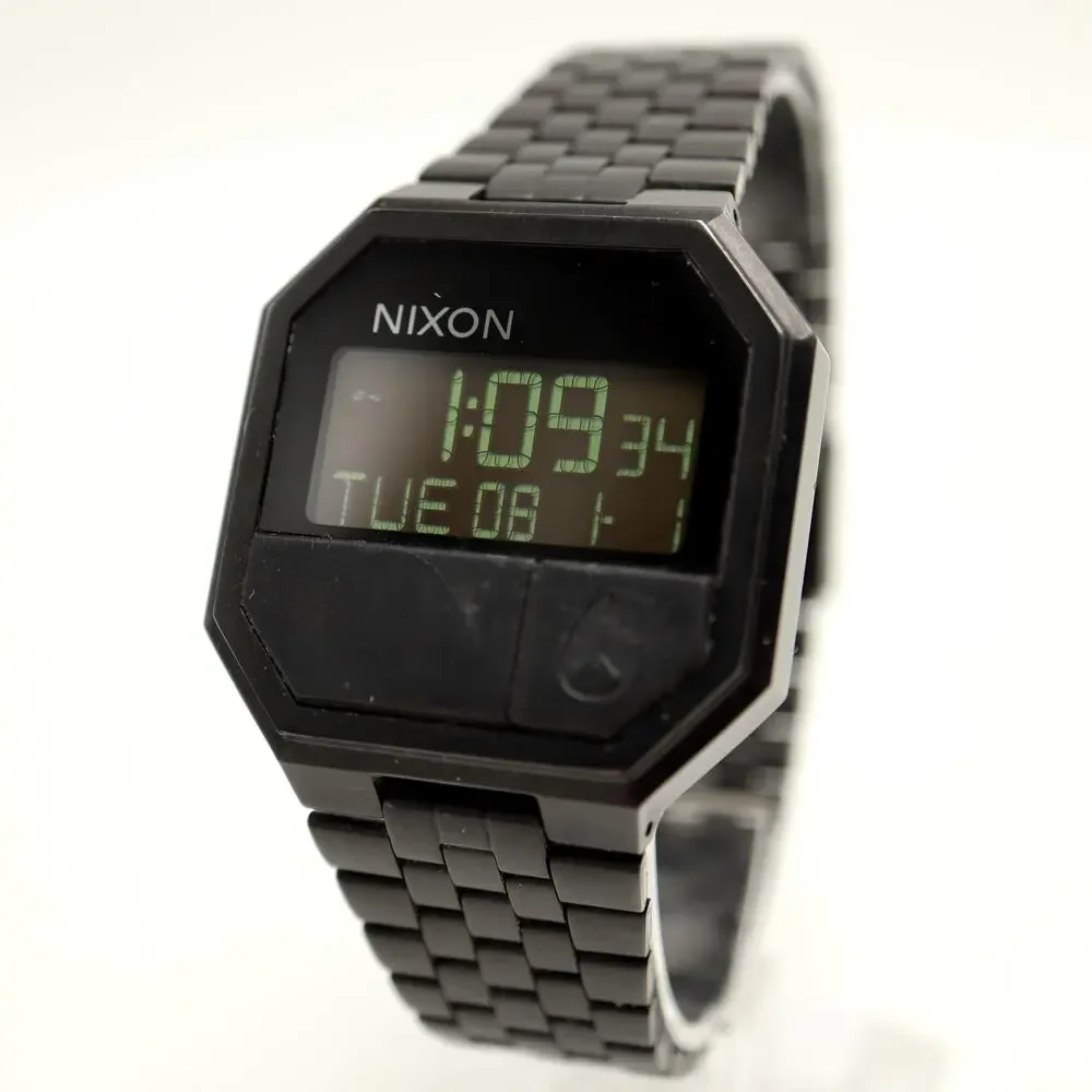 Nixon Re Run Black Stealth 38mm Digital Watch Chrono Steel Band w New Battery